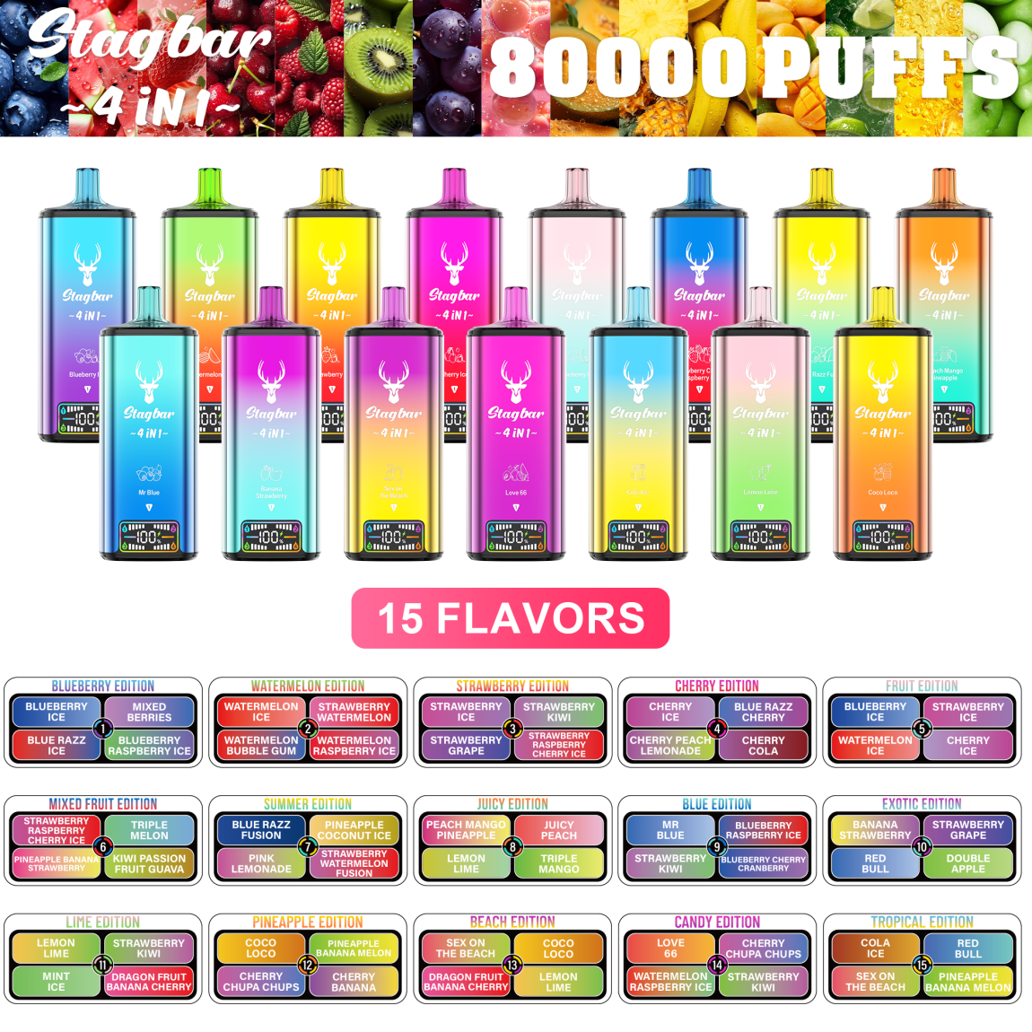 Stag Bar 4IN1 80000 Puffs Disposable Vape Device 80K 60K 50K Puff 4 Flavros in 1 Vapes Pen 1000mah Rechargeable Battery 15 Flavors Fumot Tornado Vapers EU Warehouse